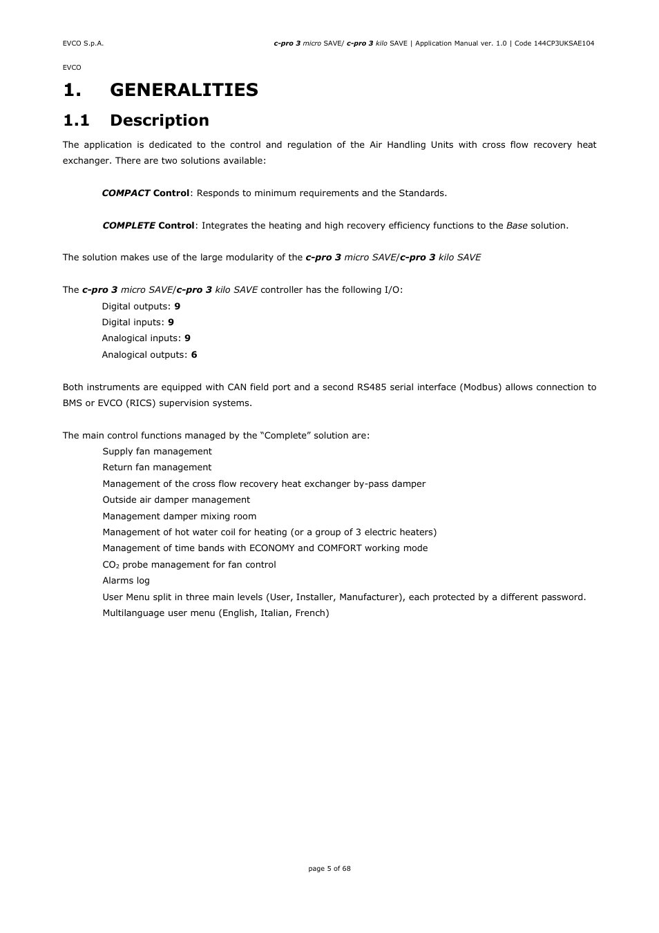 Generalities, 1 description | EVCO EPU2BXP1S1 User Manual | Page 5 / 68