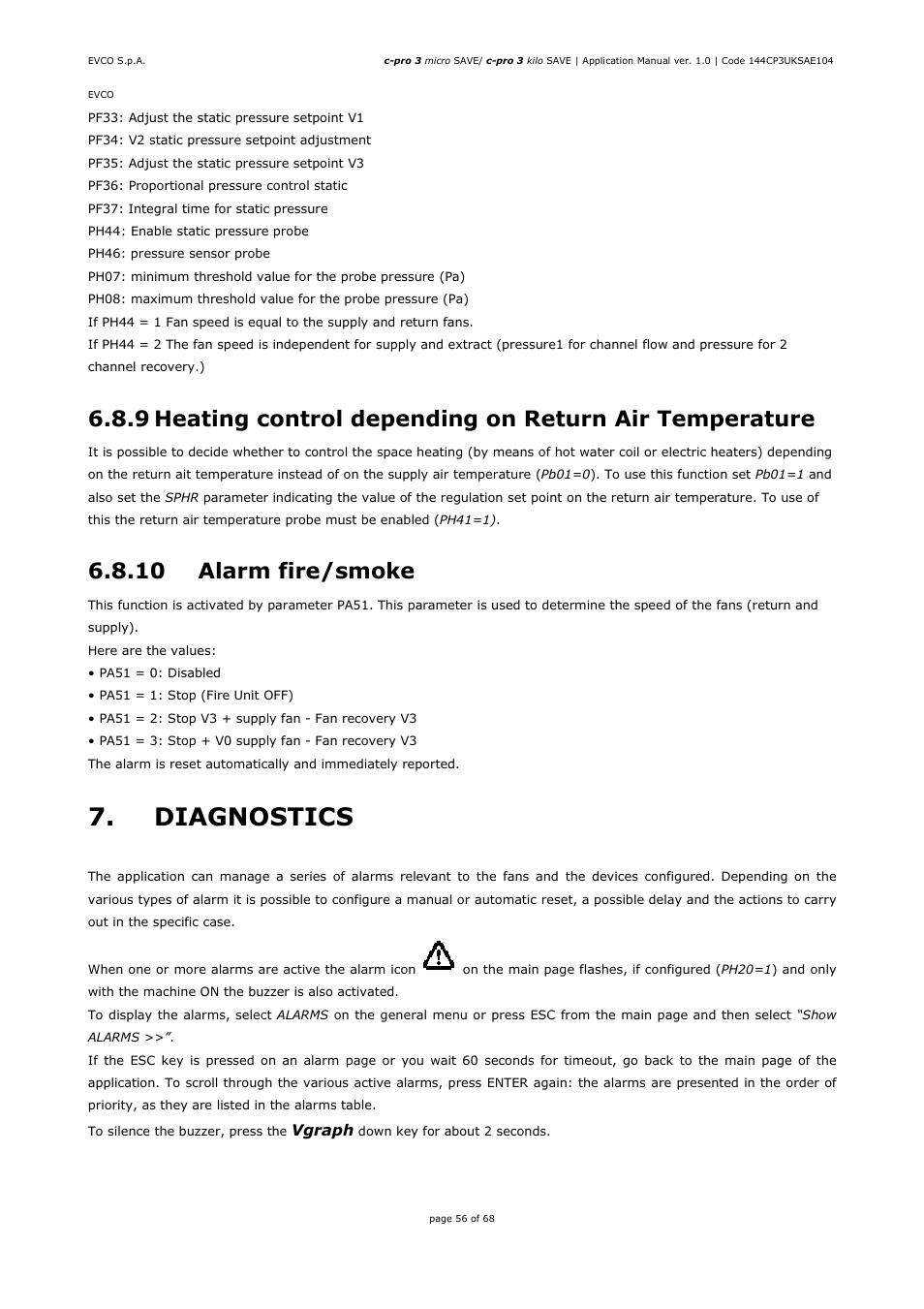 Diagnostics, 10 alarm fire/smoke | EVCO EPU2BXP1S1 User Manual | Page 56 / 68