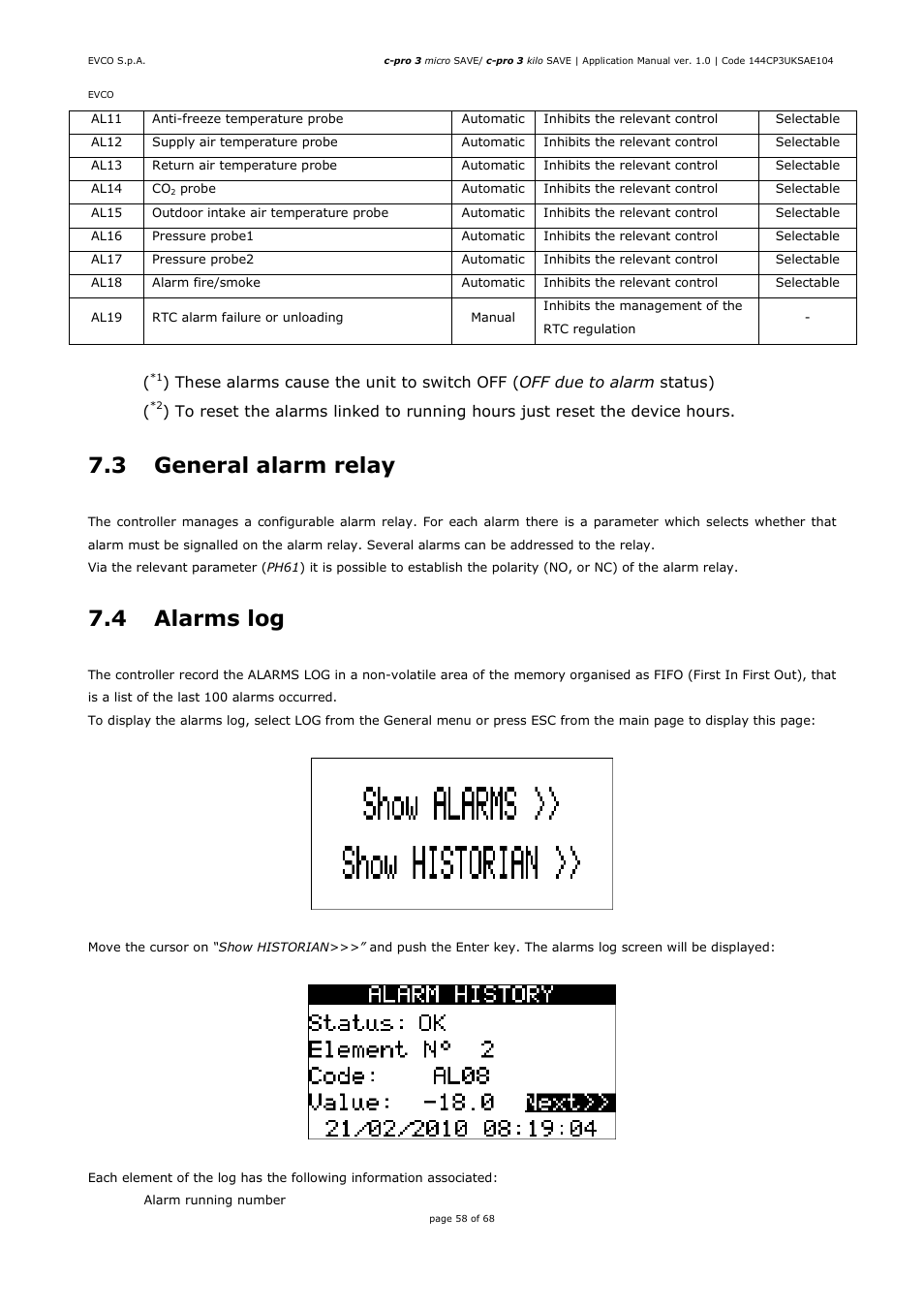 3 general alarm relay, 4 alarms log | EVCO EPU2BXP1S1 User Manual | Page 58 / 68