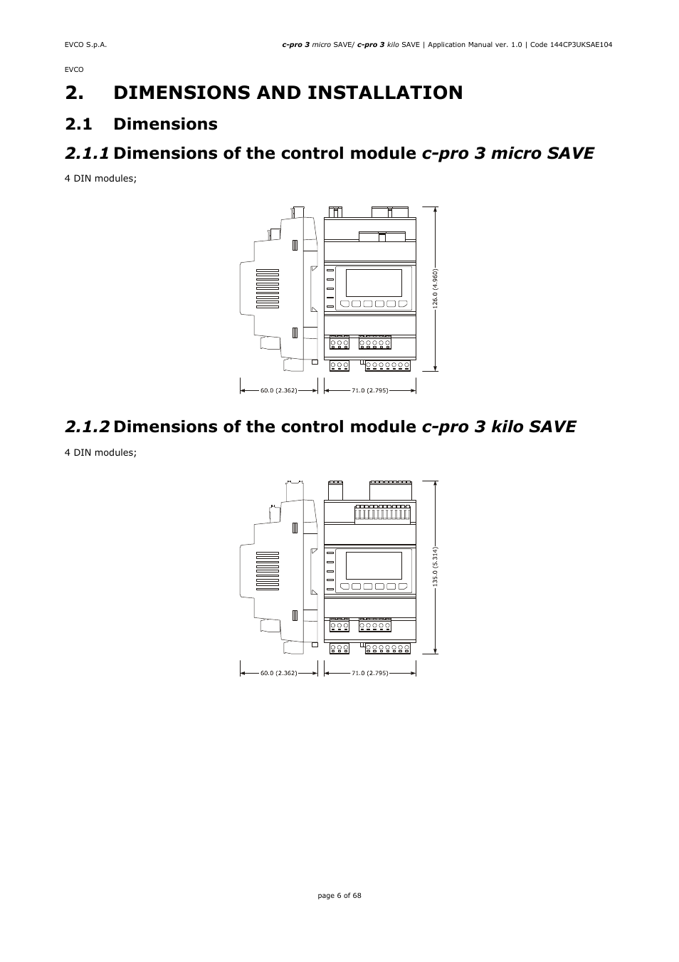 Dimensions and installation | EVCO EPU2BXP1S1 User Manual | Page 6 / 68