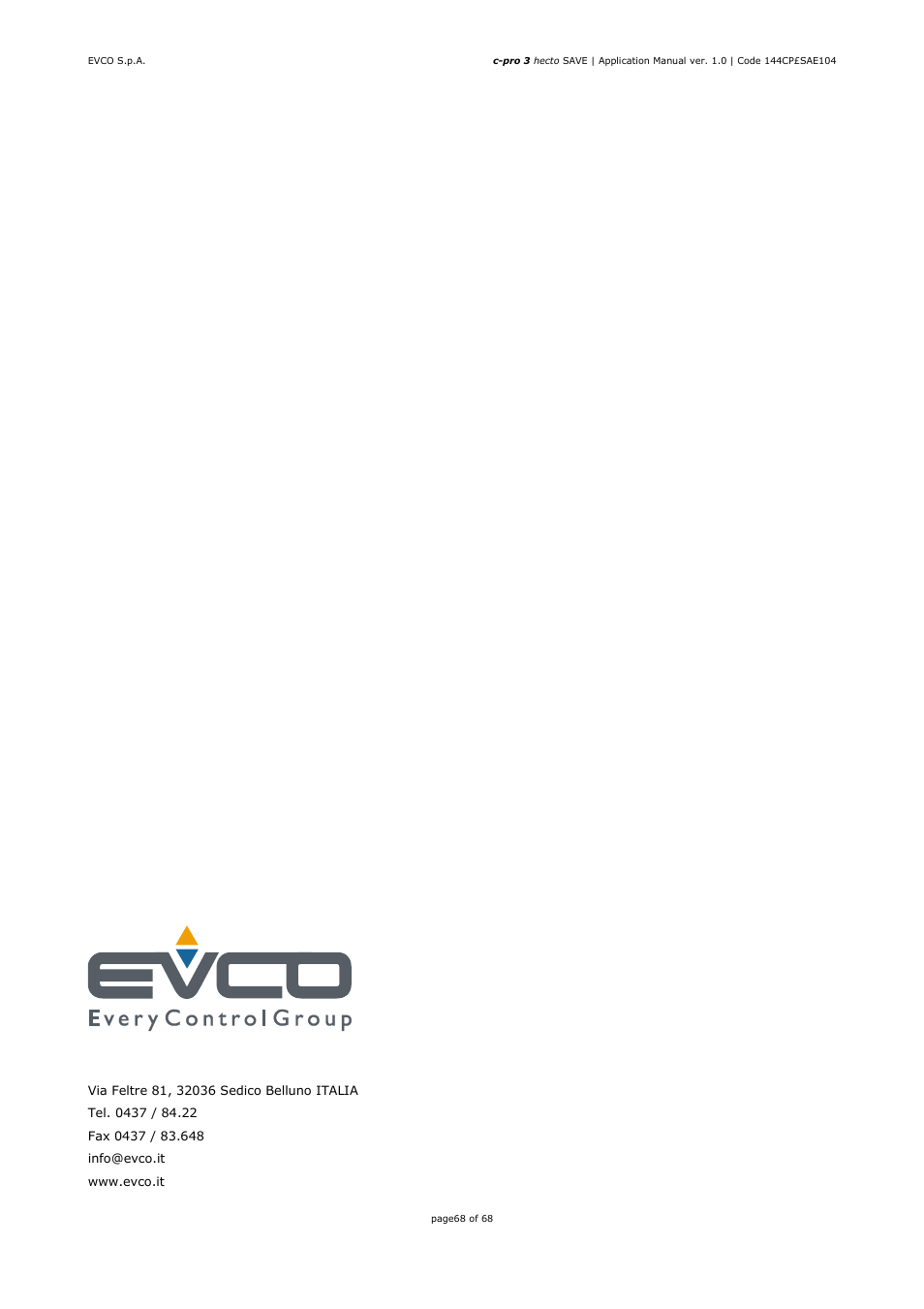 EVCO EPU2BXP1S1 User Manual | Page 68 / 68