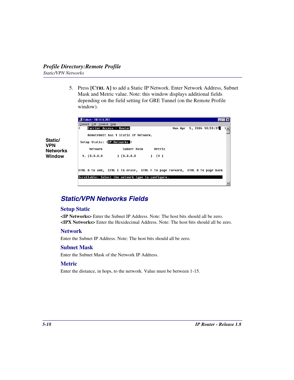 Static/vpn networks fields | Carrier Access 770-0015 AM User Manual | Page 118 / 250