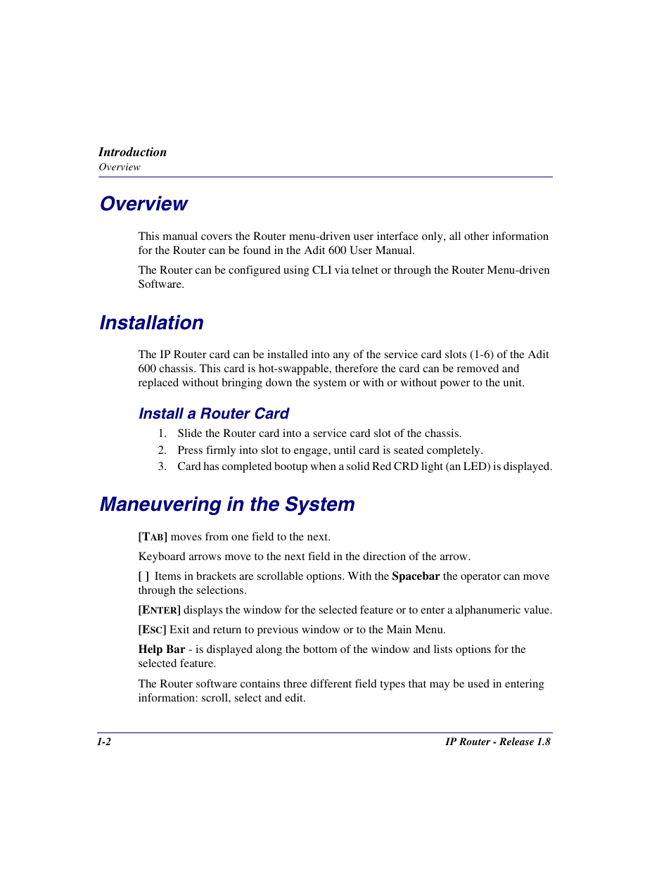 Overview, Installation, Install a router card | Maneuvering in the system, Overview -2 installation -2, Install a router card -2, Maneuvering in the system -2 | Carrier Access 770-0015 AM User Manual | Page 12 / 250