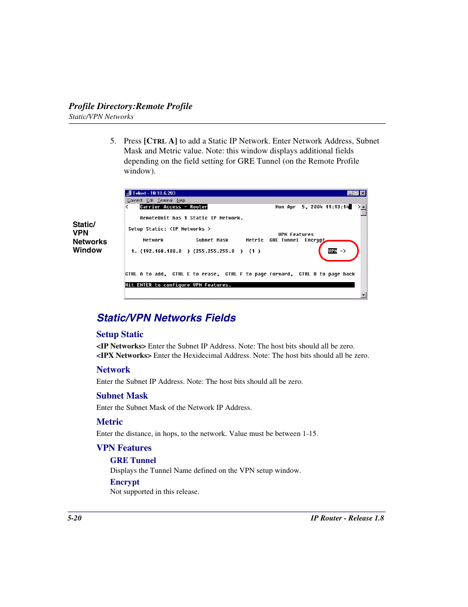 Static/vpn networks fields | Carrier Access 770-0015 AM User Manual | Page 120 / 250