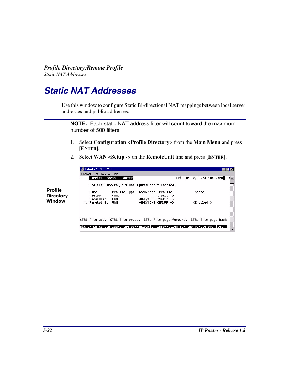 Static nat addresses, Static nat addresses -22 | Carrier Access 770-0015 AM User Manual | Page 122 / 250