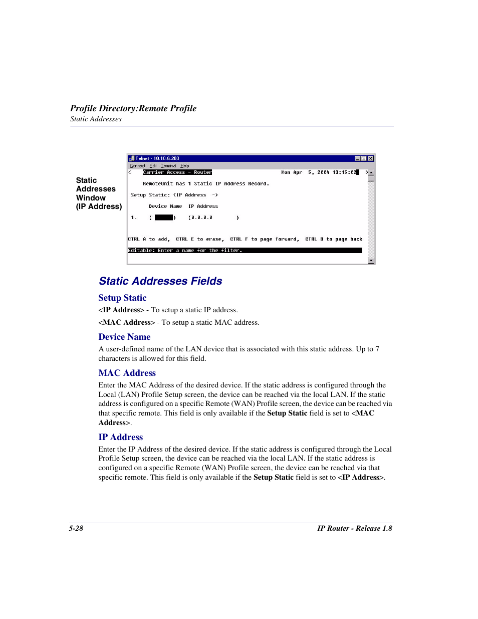 Static addresses fields | Carrier Access 770-0015 AM User Manual | Page 128 / 250