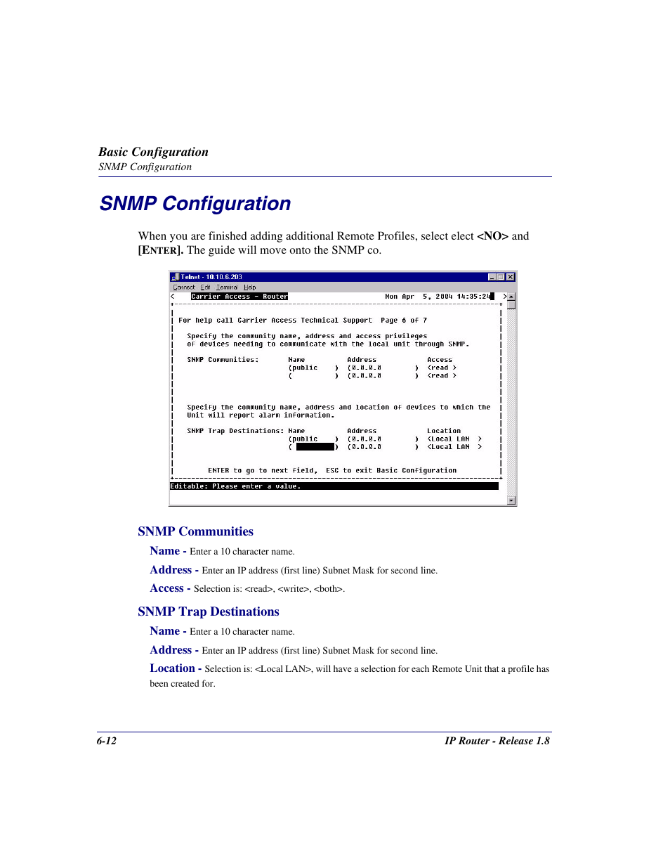 Snmp configuration, Snmp configuration -12 | Carrier Access 770-0015 AM User Manual | Page 158 / 250