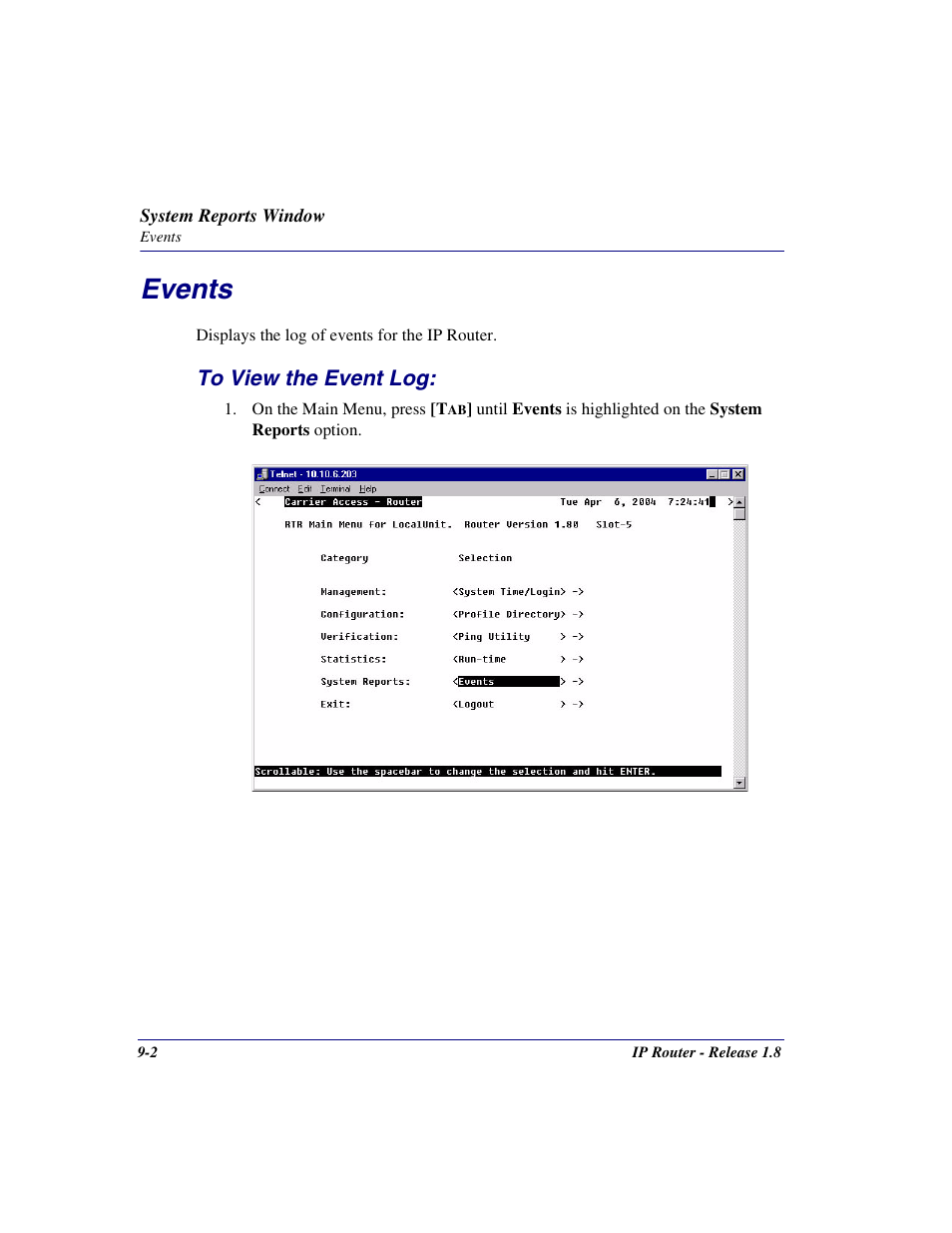 Events, To view the event log, Events -2 | To view the event log: -2 | Carrier Access 770-0015 AM User Manual | Page 180 / 250