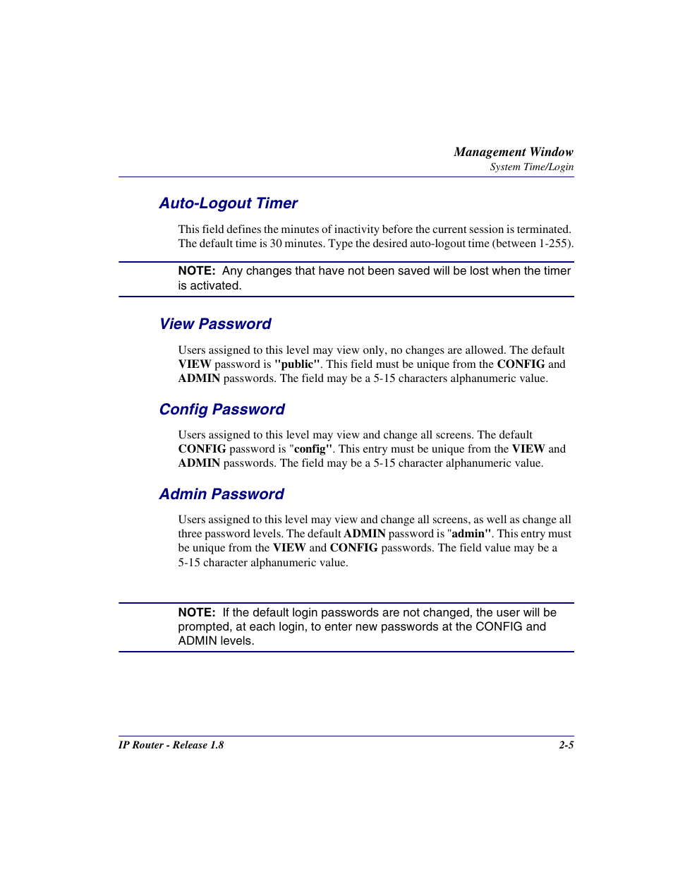 Auto-logout timer, View password, Config password | Admin password | Carrier Access 770-0015 AM User Manual | Page 21 / 250