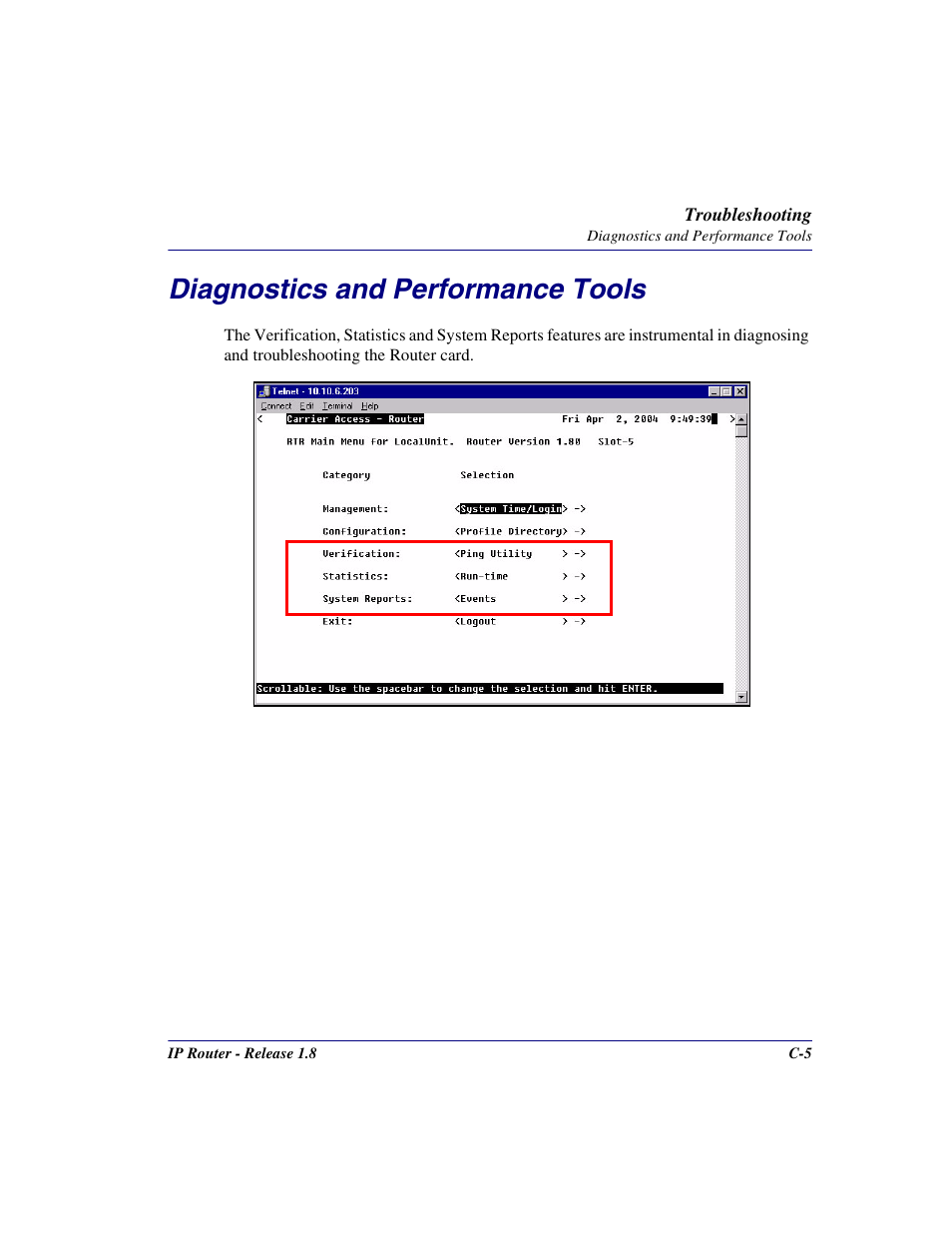 Diagnostics and performance tools | Carrier Access 770-0015 AM User Manual | Page 231 / 250