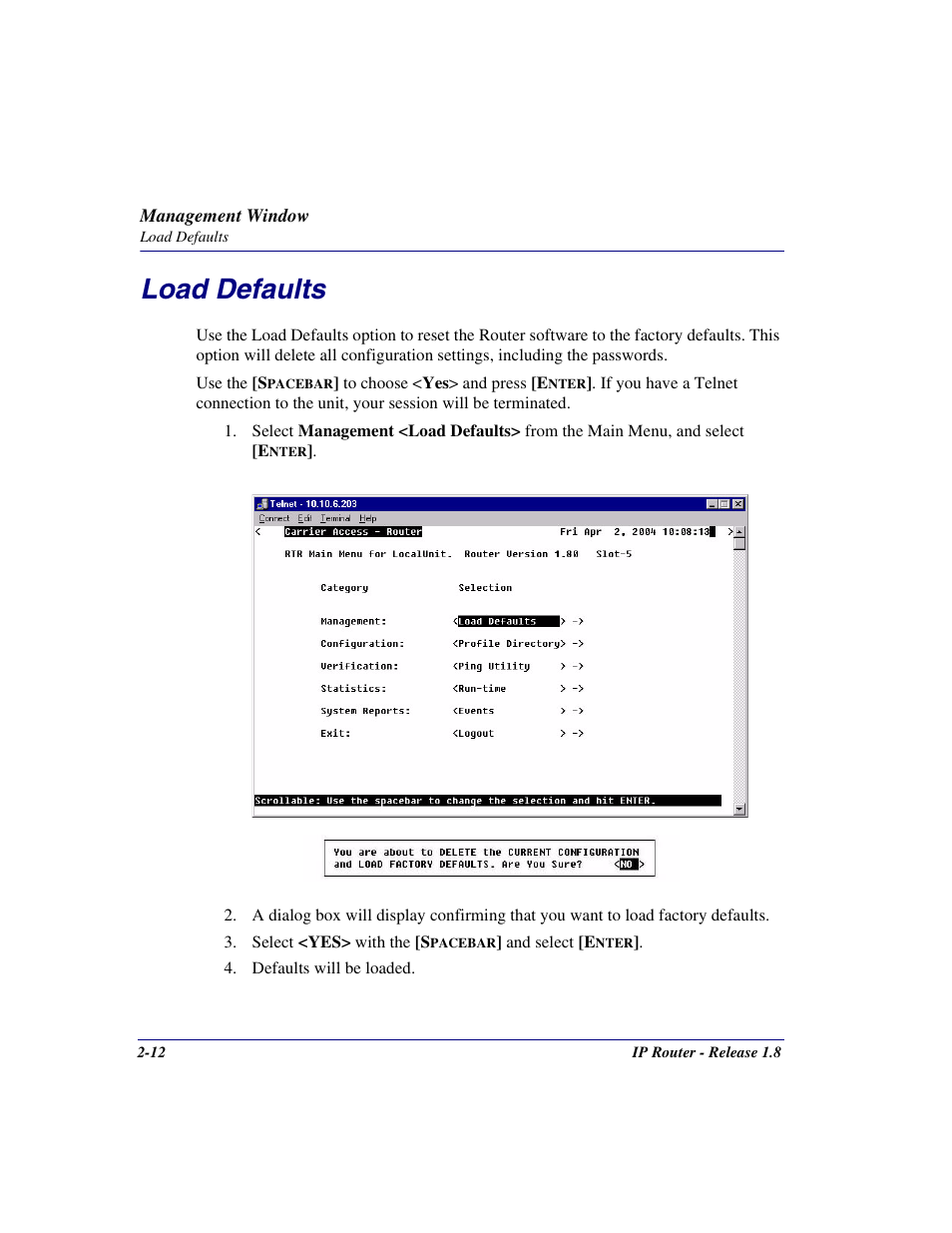 Load defaults, Load defaults -12 | Carrier Access 770-0015 AM User Manual | Page 28 / 250