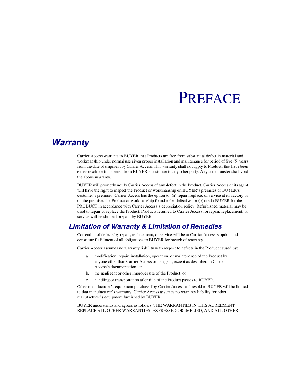 Preface, Warranty, Limitation of warranty & limitation of remedies | Reface | Carrier Access 770-0015 AM User Manual | Page 3 / 250