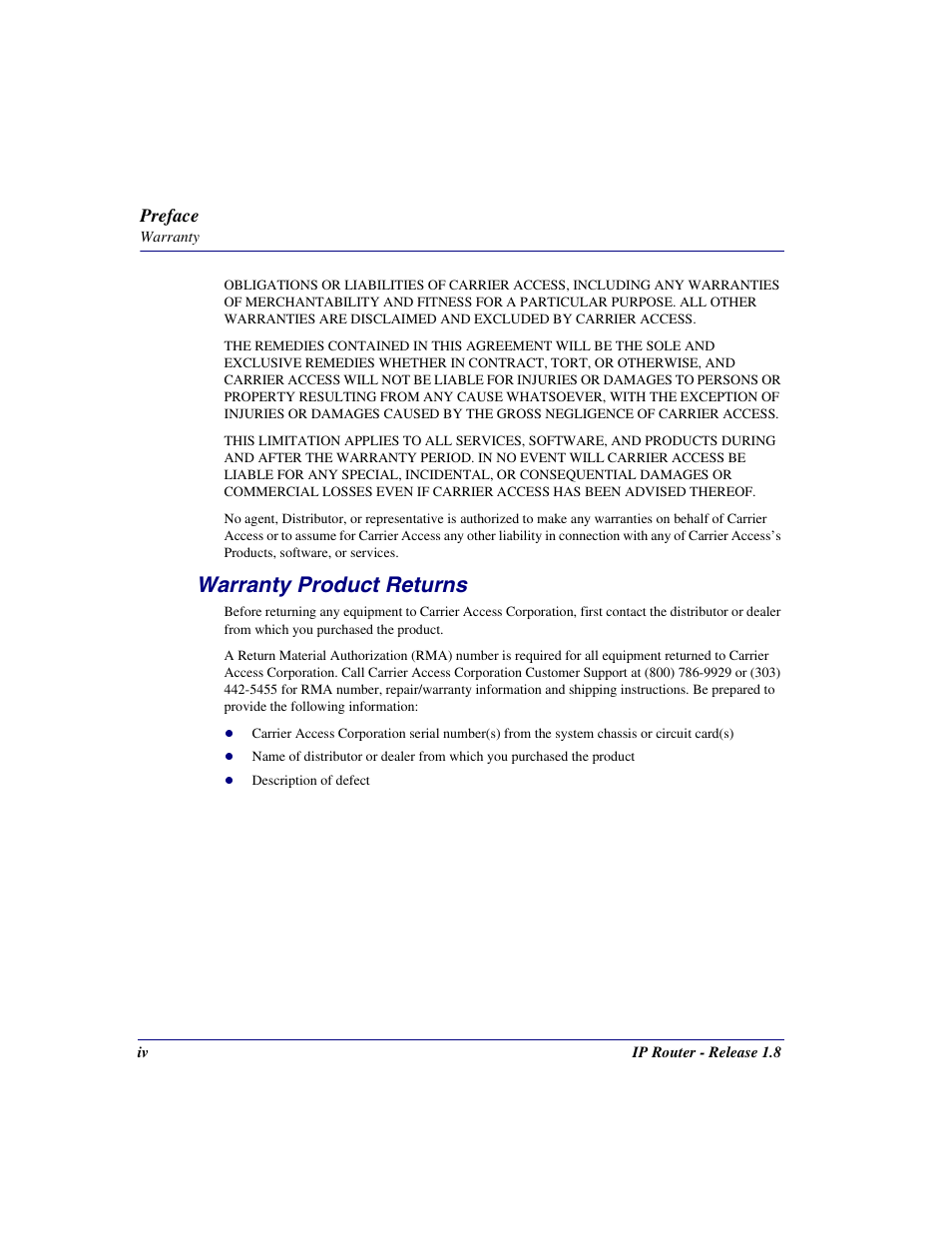 Warranty product returns, Preface | Carrier Access 770-0015 AM User Manual | Page 4 / 250