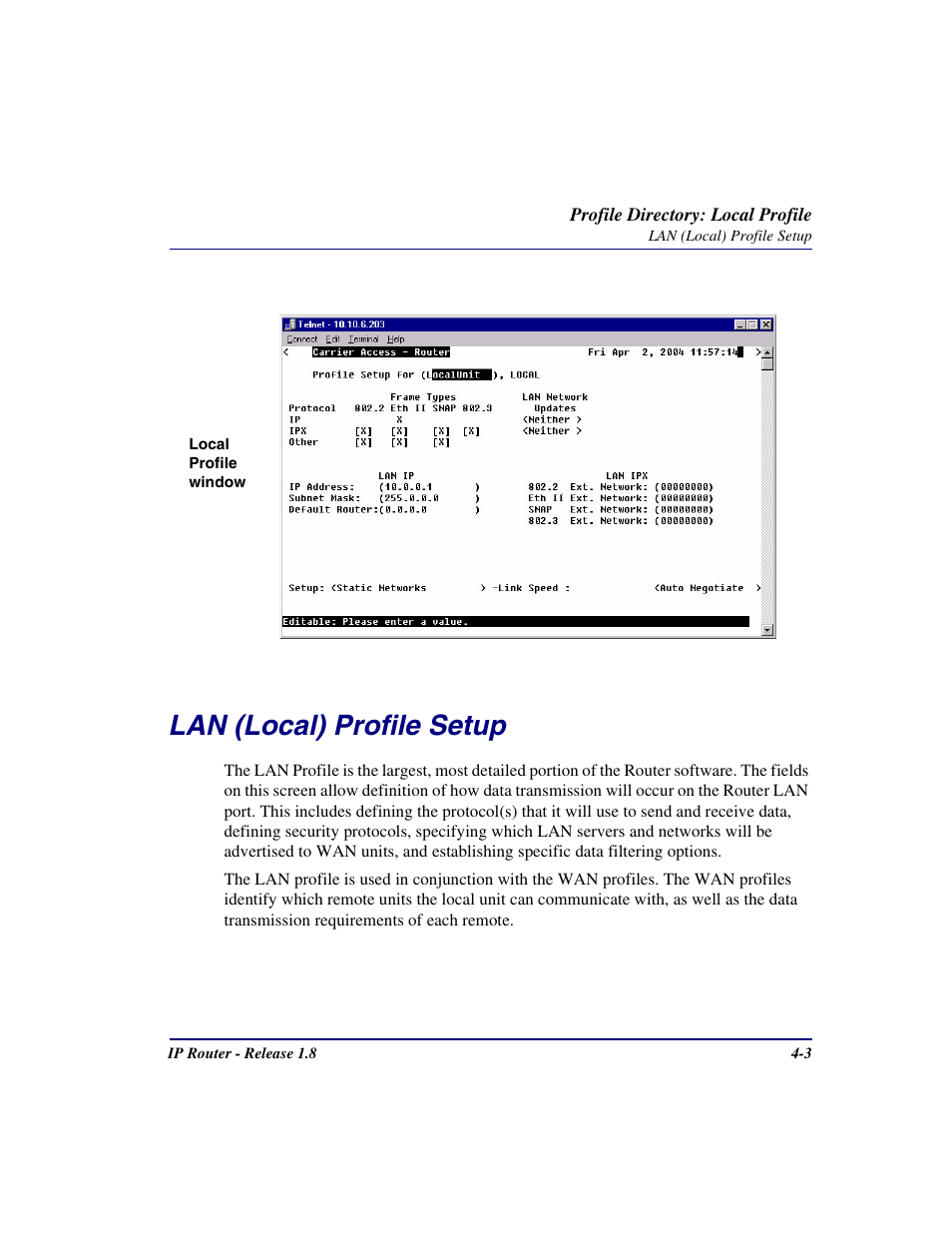 Lan (local) profile setup, Lan (local) profile setup -3 | Carrier Access 770-0015 AM User Manual | Page 59 / 250