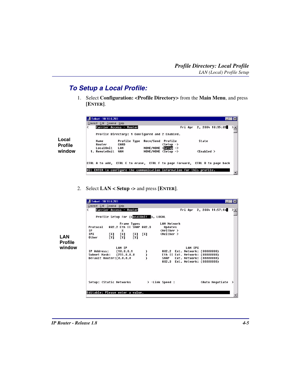 To setup a local profile, To setup a local profile: -5 | Carrier Access 770-0015 AM User Manual | Page 61 / 250