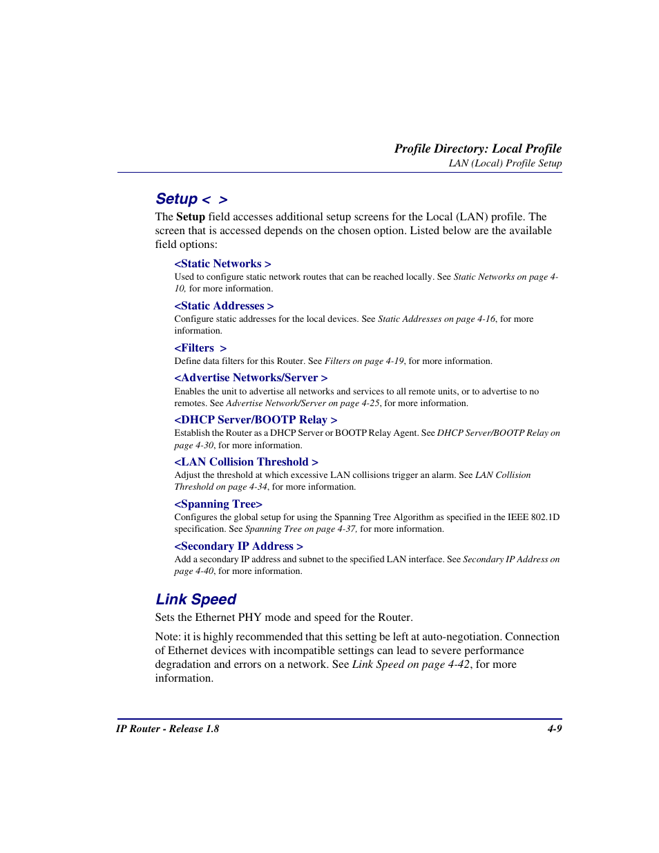 Setup, Link speed, Setup < > -9 link speed -9 | Carrier Access 770-0015 AM User Manual | Page 65 / 250