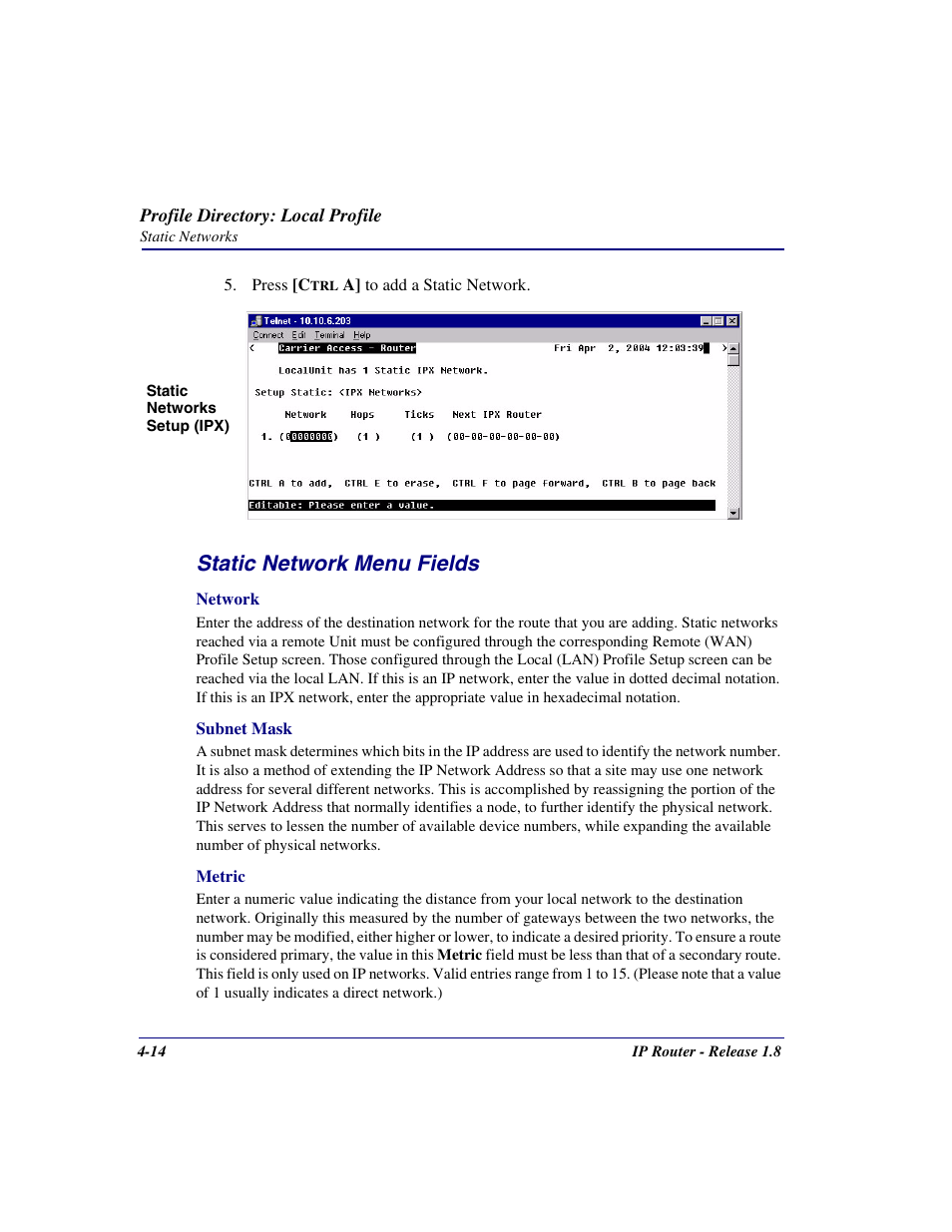 Static network menu fields | Carrier Access 770-0015 AM User Manual | Page 70 / 250