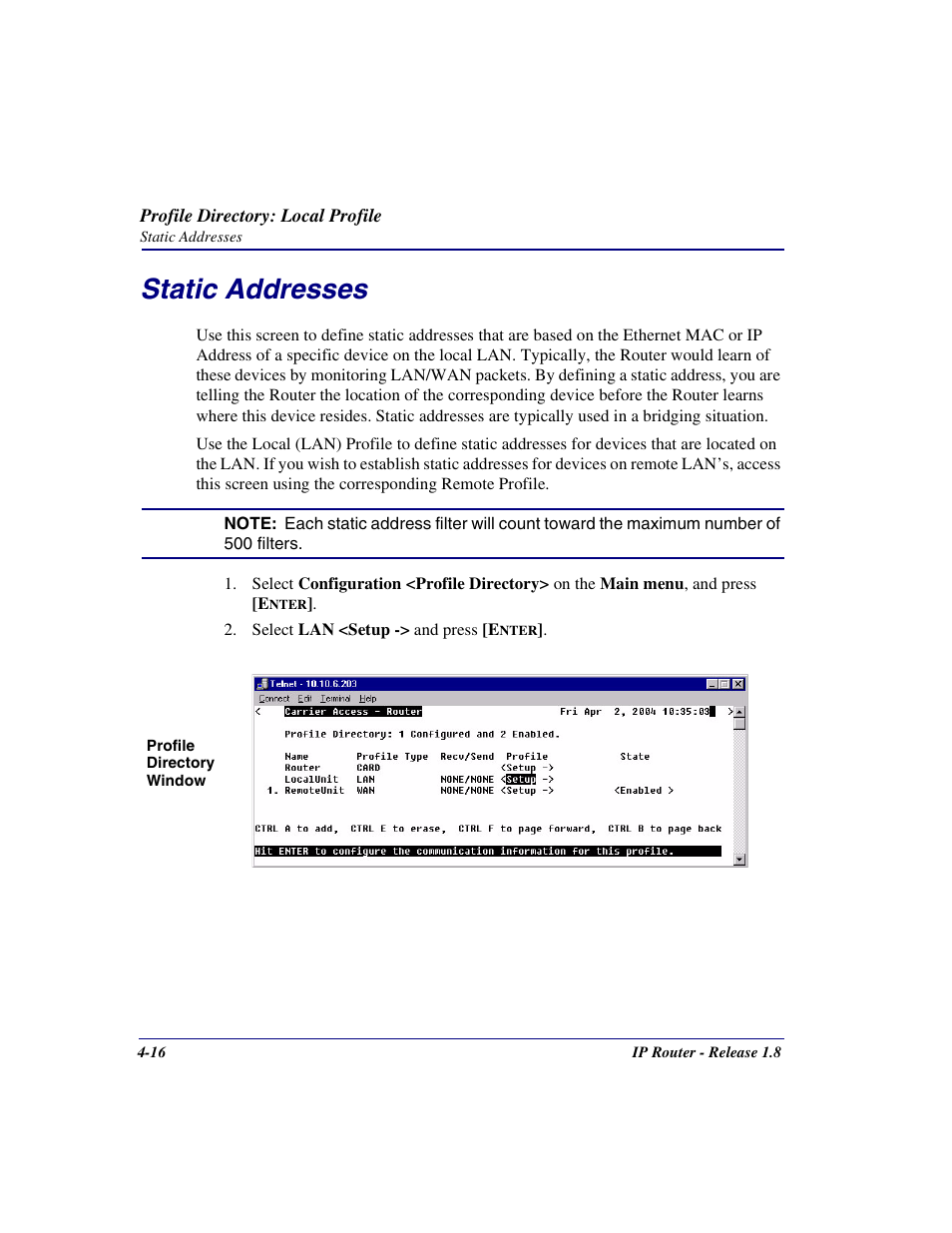 Static addresses, Static addresses -16 | Carrier Access 770-0015 AM User Manual | Page 72 / 250