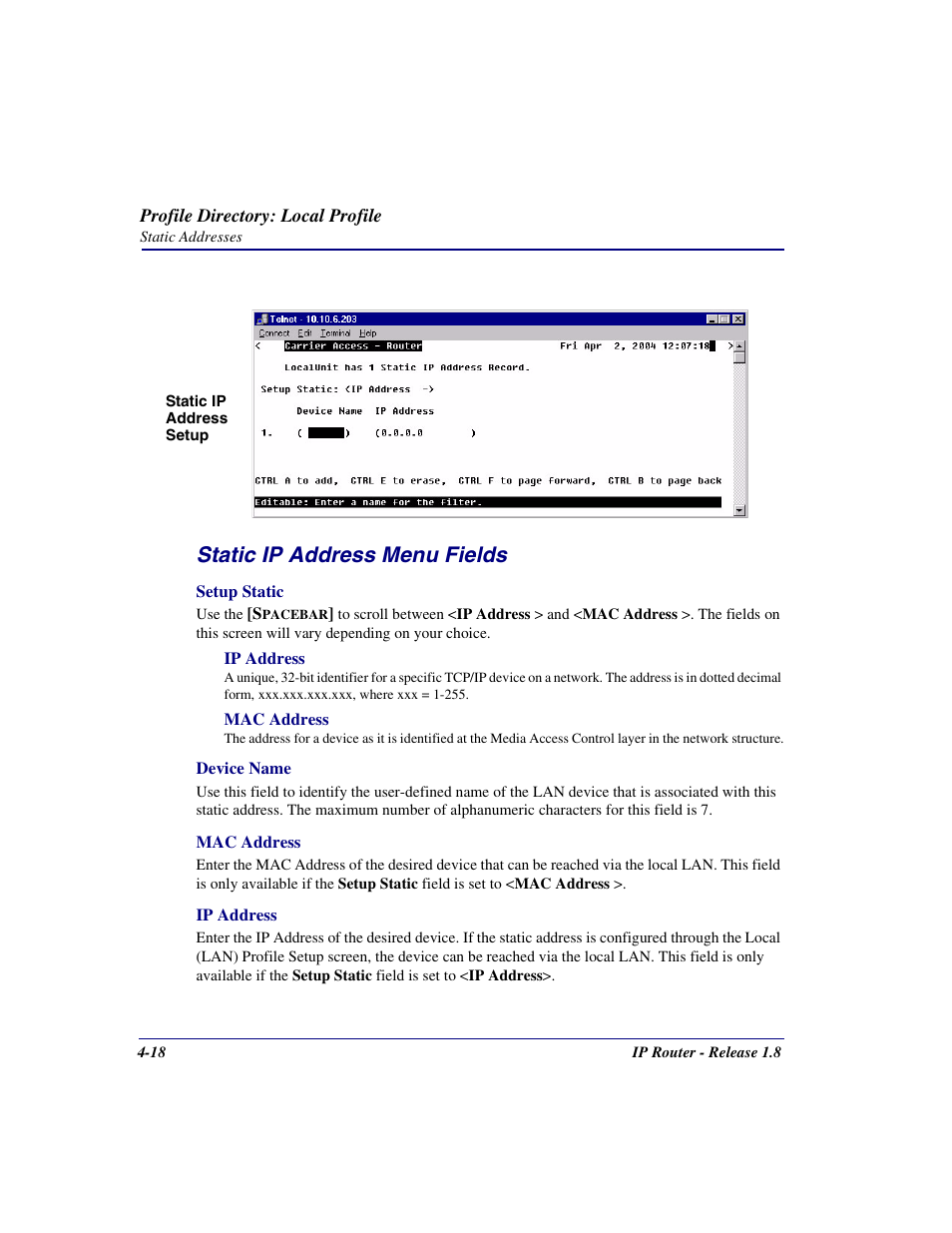 Static ip address menu fields | Carrier Access 770-0015 AM User Manual | Page 74 / 250