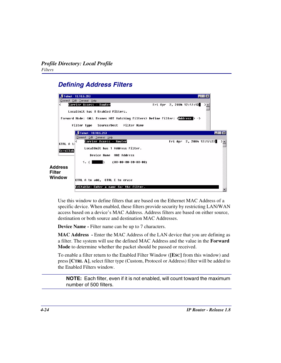 Defining address filters, Defining address filters -24 | Carrier Access 770-0015 AM User Manual | Page 80 / 250