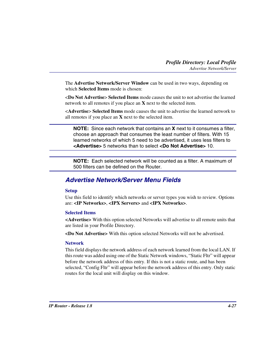 Advertise network/server menu fields | Carrier Access 770-0015 AM User Manual | Page 83 / 250