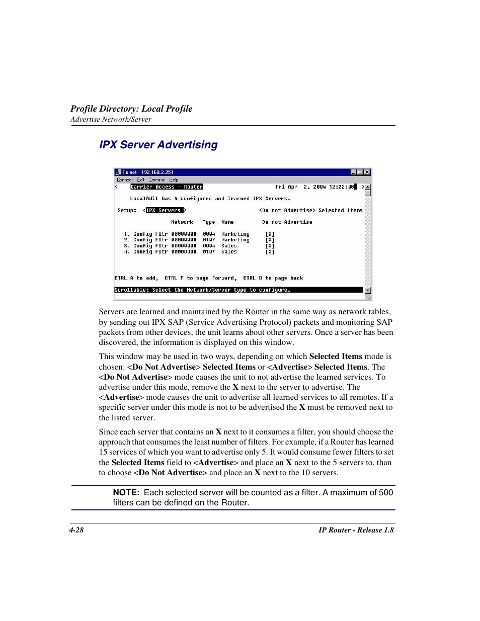 Ipx server advertising, Ipx server advertising -28 | Carrier Access 770-0015 AM User Manual | Page 84 / 250