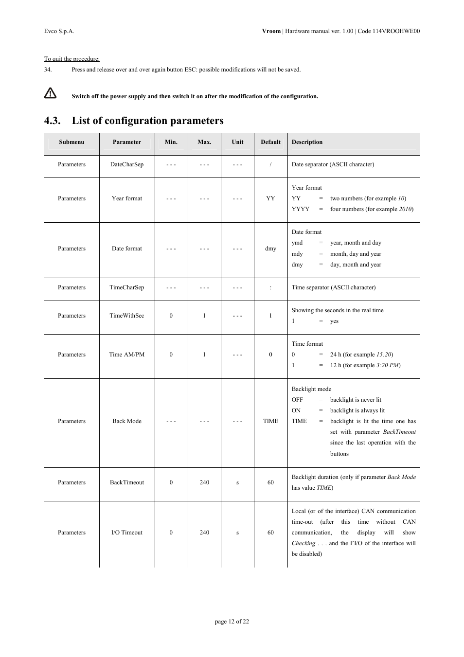 List of configuration parameters | EVCO EPV4RBR Hardware manual User Manual | Page 12 / 22