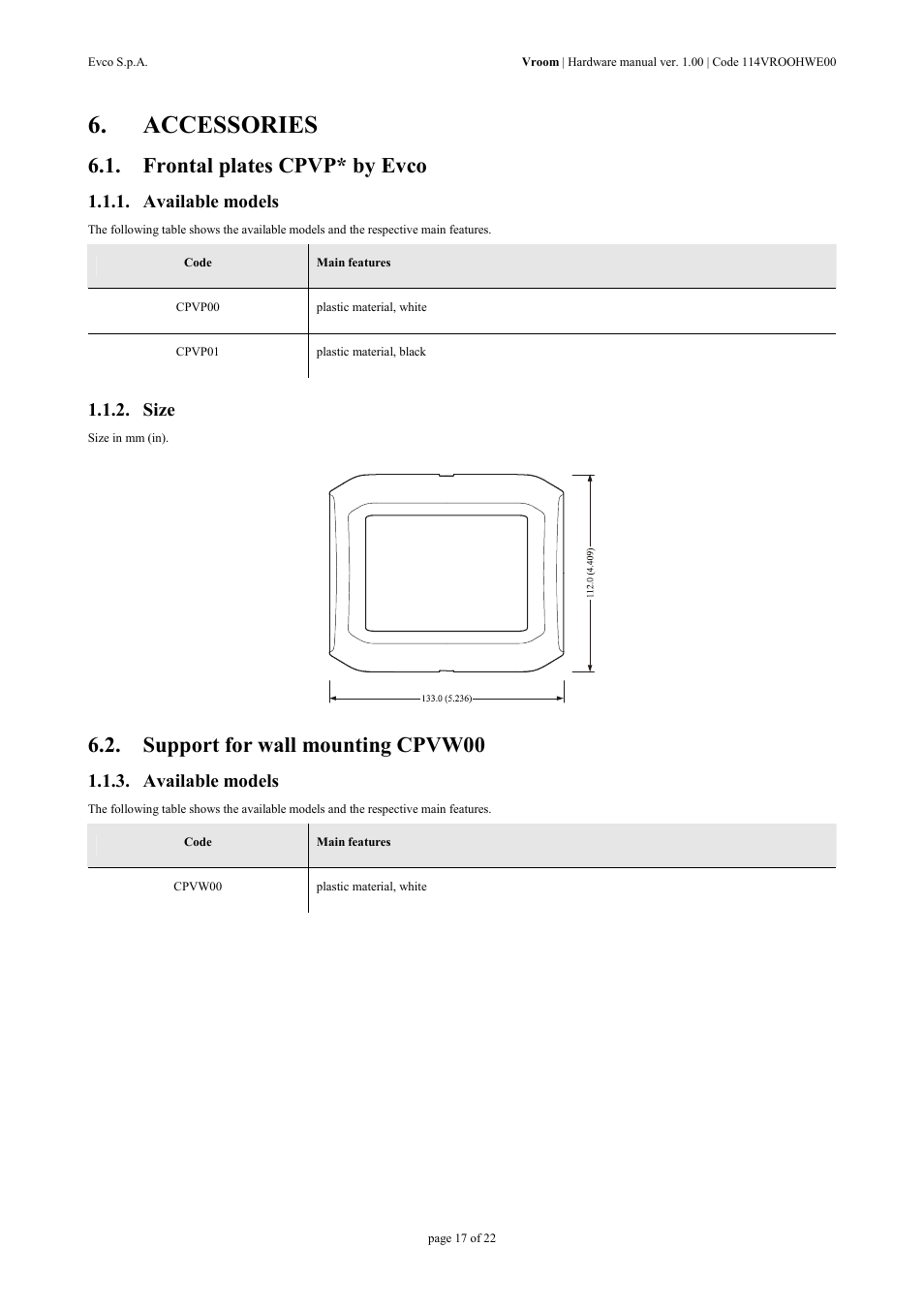 Accessories, Frontal plates cpvp* by evco, Support for wall mounting cpvw00 | Available models, Size | EVCO EPV4RBR Hardware manual User Manual | Page 17 / 22