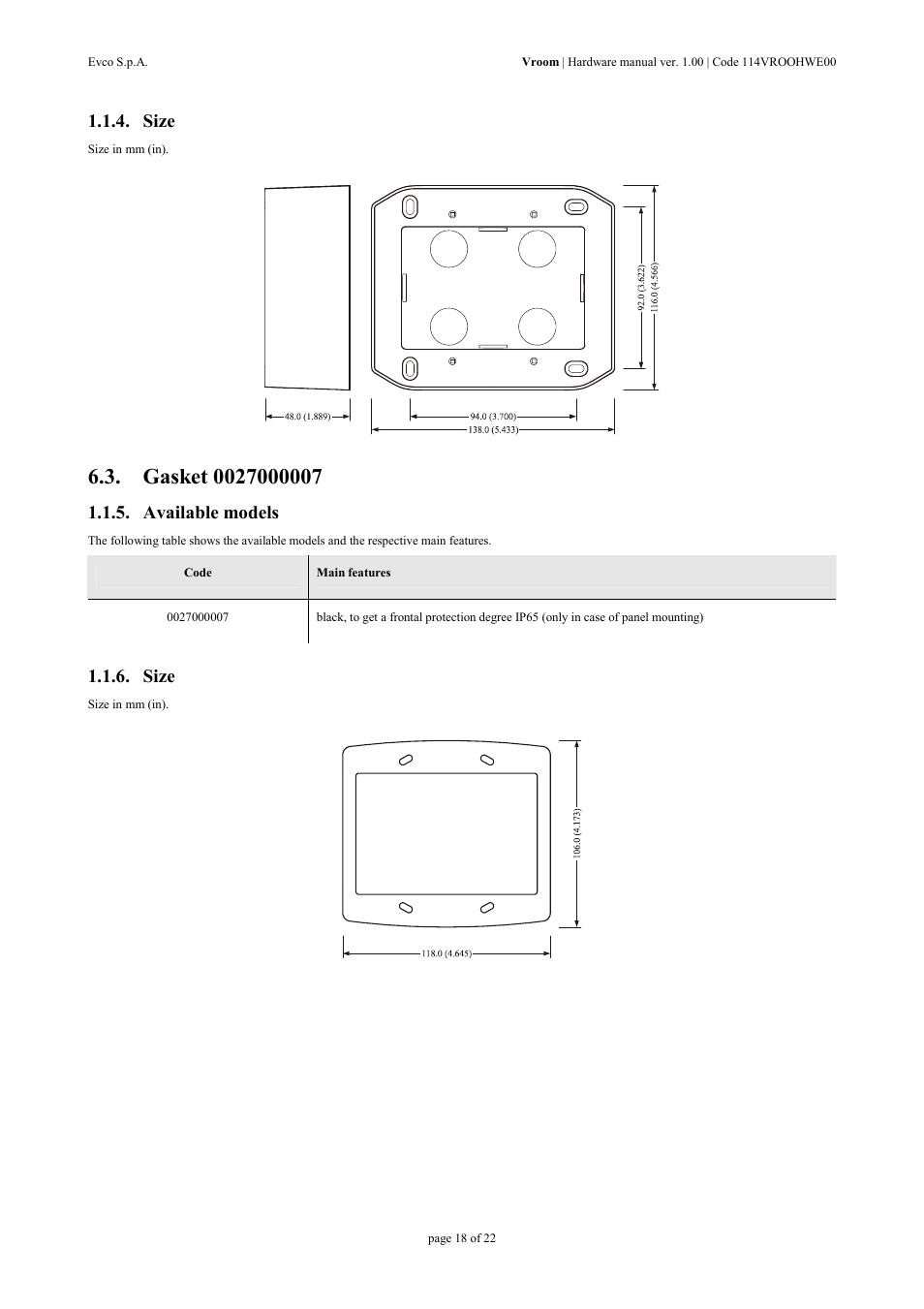 Size, Available models | EVCO EPV4RBR Hardware manual User Manual | Page 18 / 22