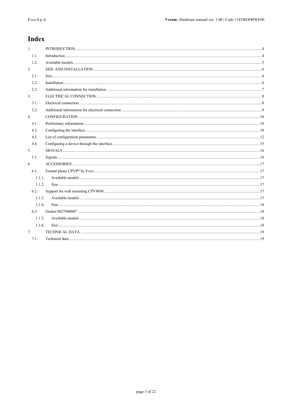 Index | EVCO EPV4RBR Hardware manual User Manual | Page 3 / 22