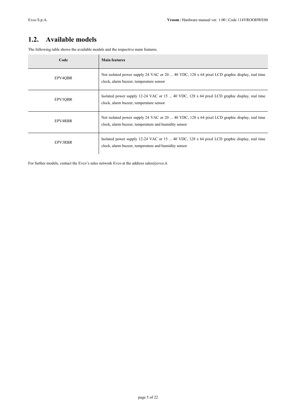 Available models | EVCO EPV4RBR Hardware manual User Manual | Page 5 / 22