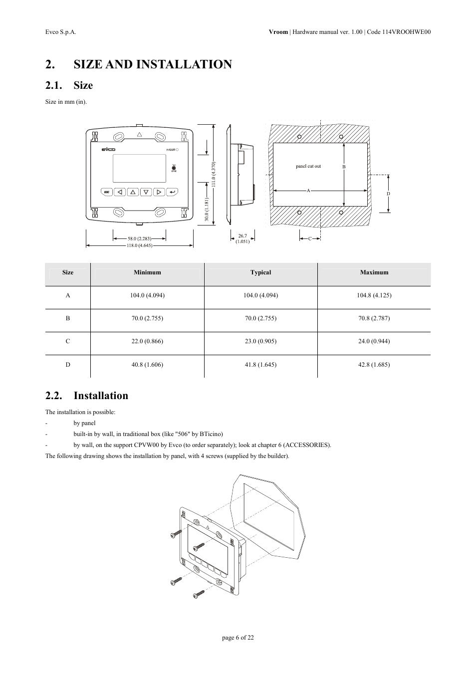 Size and installation, Size, Installation | EVCO EPV4RBR Hardware manual User Manual | Page 6 / 22