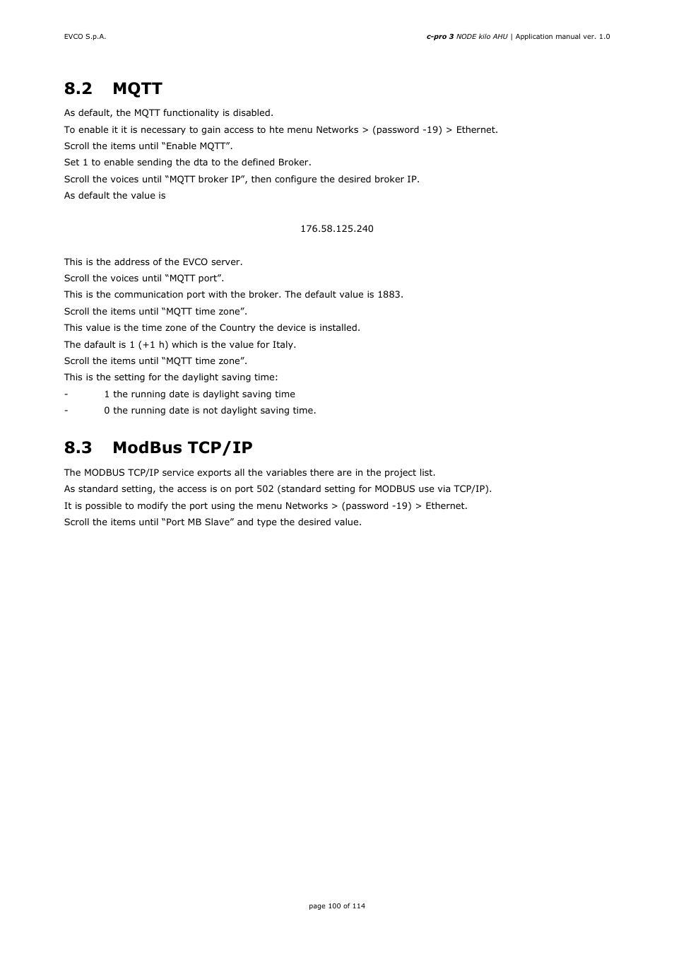 2 mqtt, 3 modbus tcp/ip | EVCO EPK4BHQ1AH Installer manual User Manual | Page 100 / 114