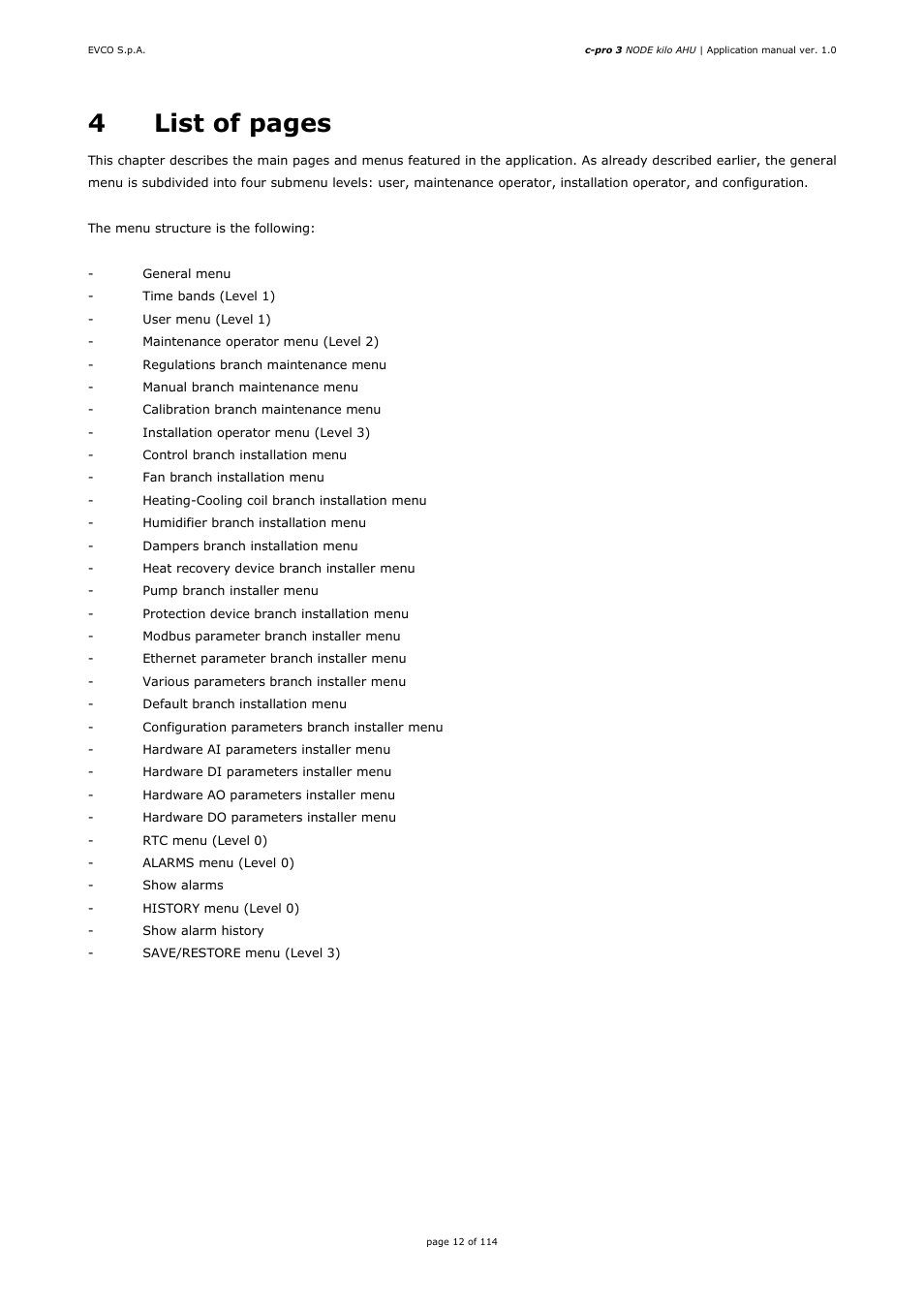 4list of pages | EVCO EPK4BHQ1AH Installer manual User Manual | Page 12 / 114