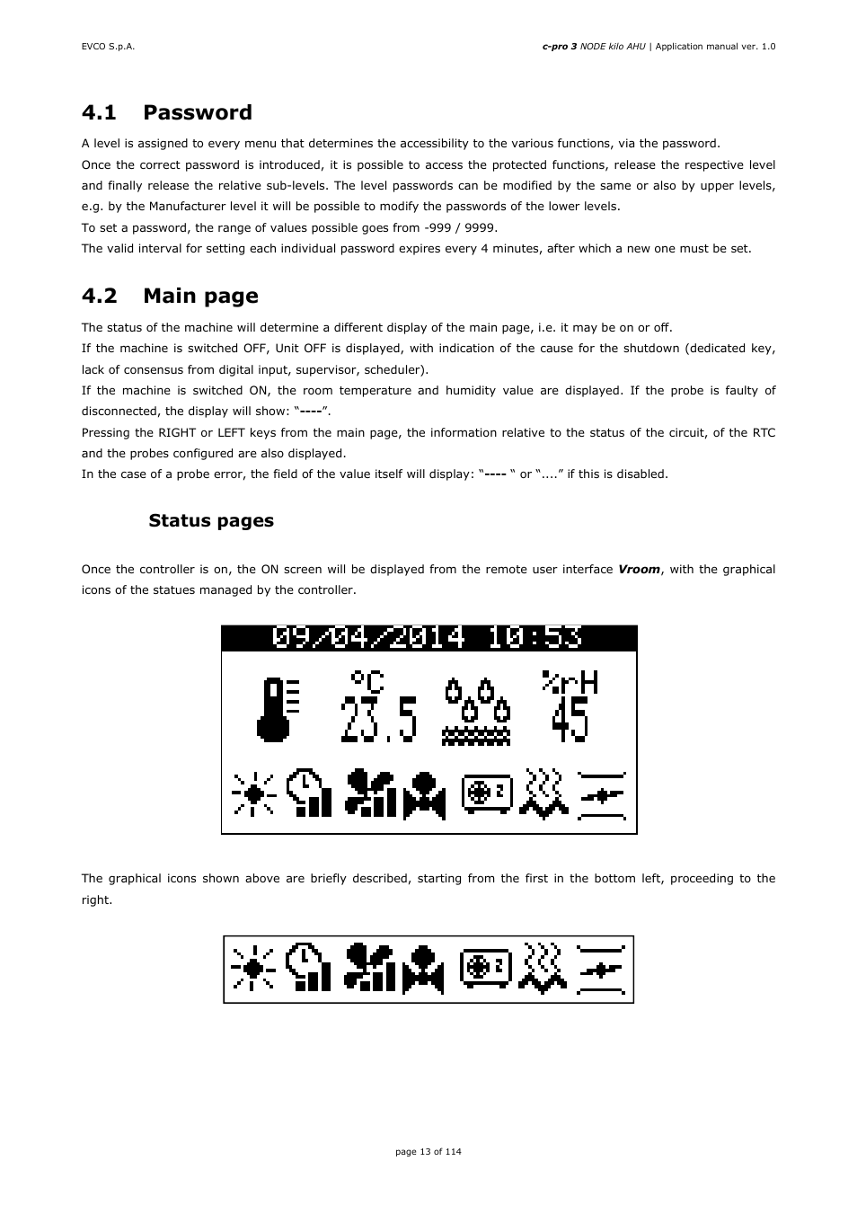 1 password, 2 main page, 1 status pages | EVCO EPK4BHQ1AH Installer manual User Manual | Page 13 / 114