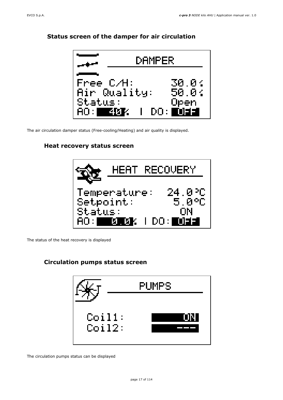 9 status screen of the damper for air circulation, 10 heat recovery status screen, 11 circulation pumps status screen | EVCO EPK4BHQ1AH Installer manual User Manual | Page 17 / 114