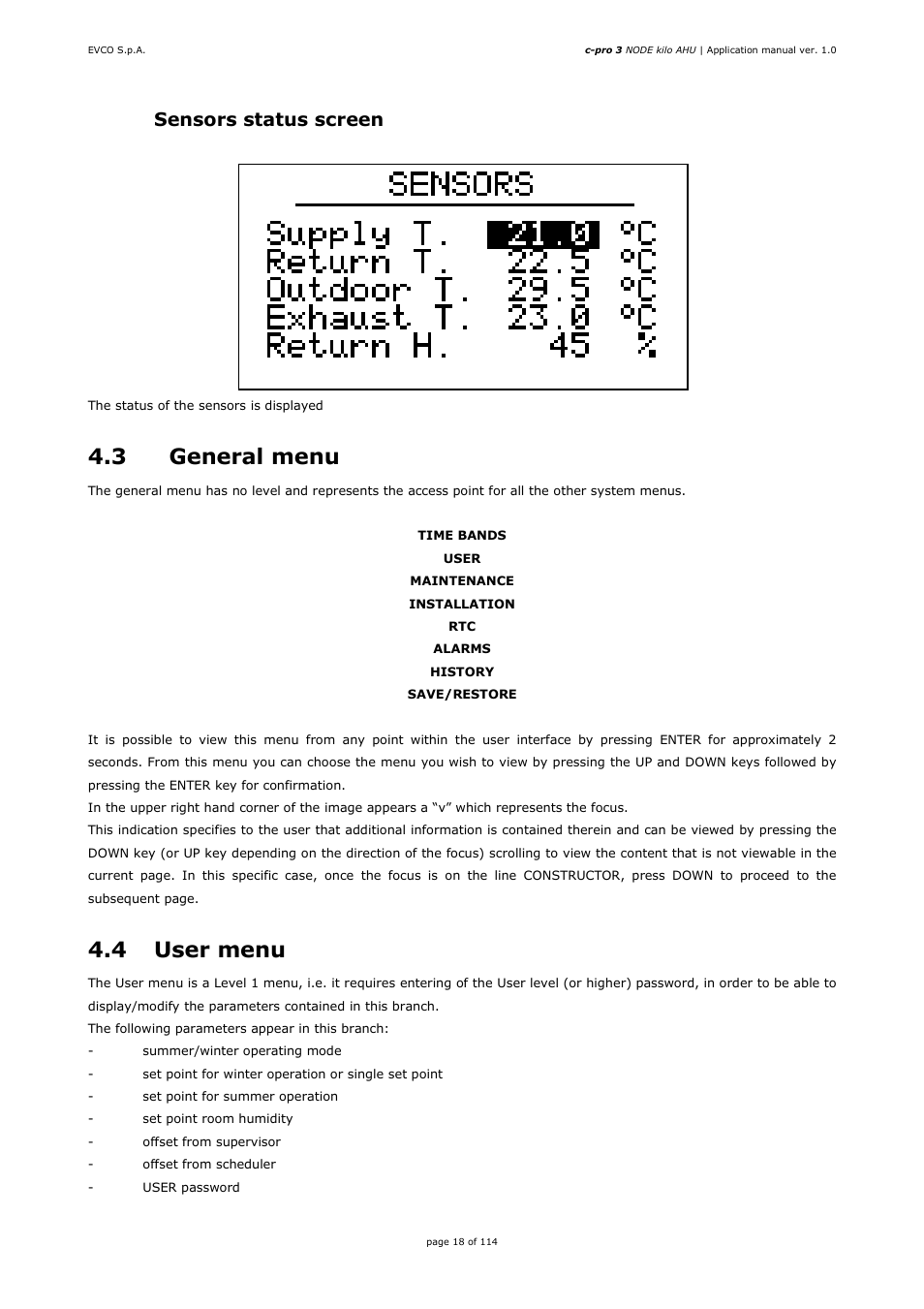 3 general menu, 4 user menu, 12 sensors status screen | EVCO EPK4BHQ1AH Installer manual User Manual | Page 18 / 114