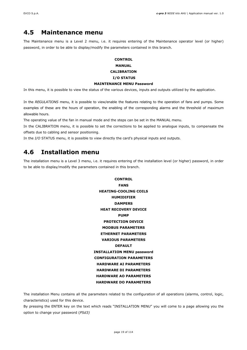 5 maintenance menu, 6 installation menu | EVCO EPK4BHQ1AH Installer manual User Manual | Page 19 / 114