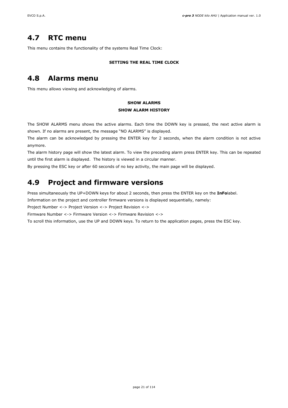 7 rtc menu, 8 alarms menu, 9 project and firmware versions | EVCO EPK4BHQ1AH Installer manual User Manual | Page 21 / 114