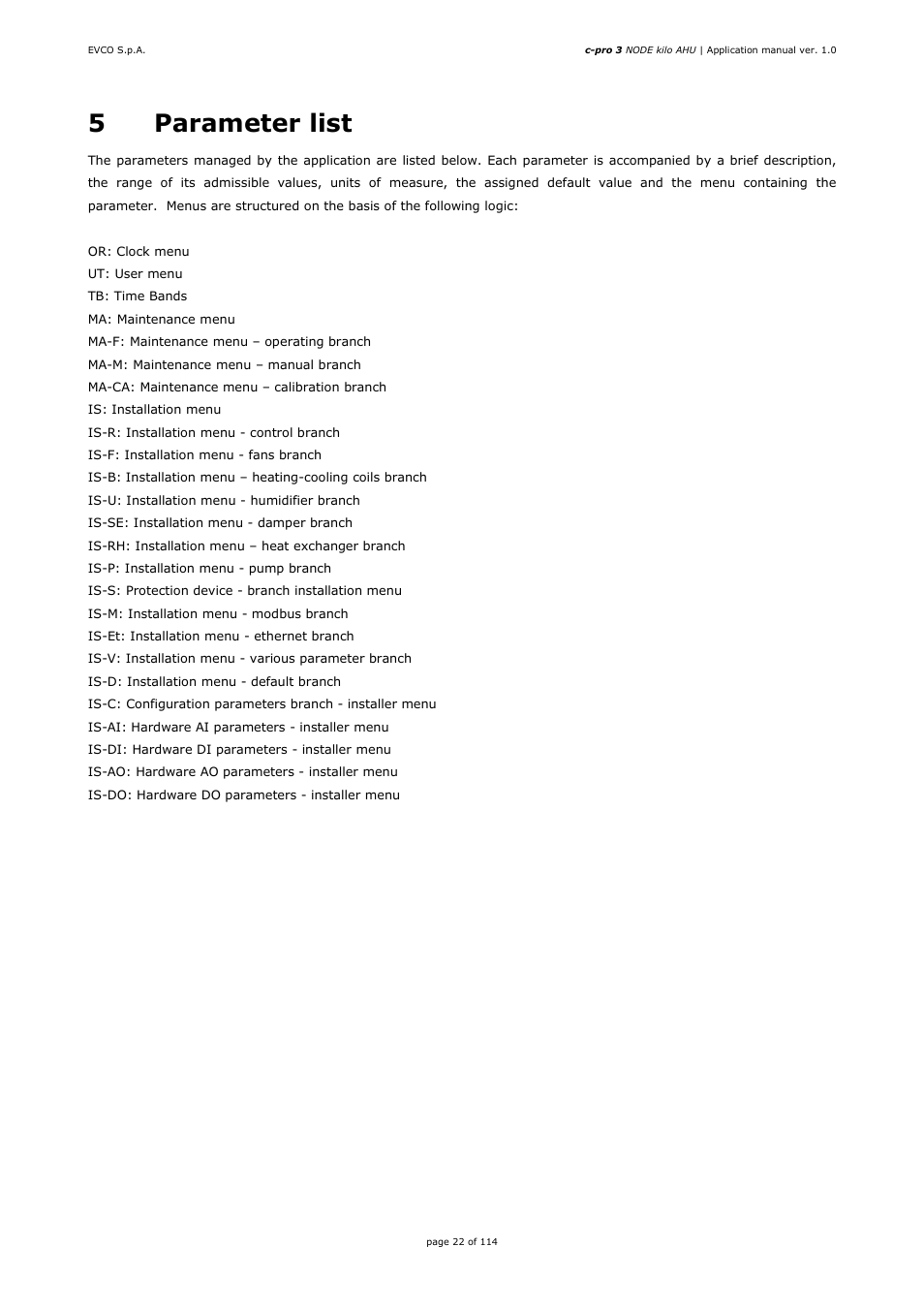 5parameter list | EVCO EPK4BHQ1AH Installer manual User Manual | Page 22 / 114