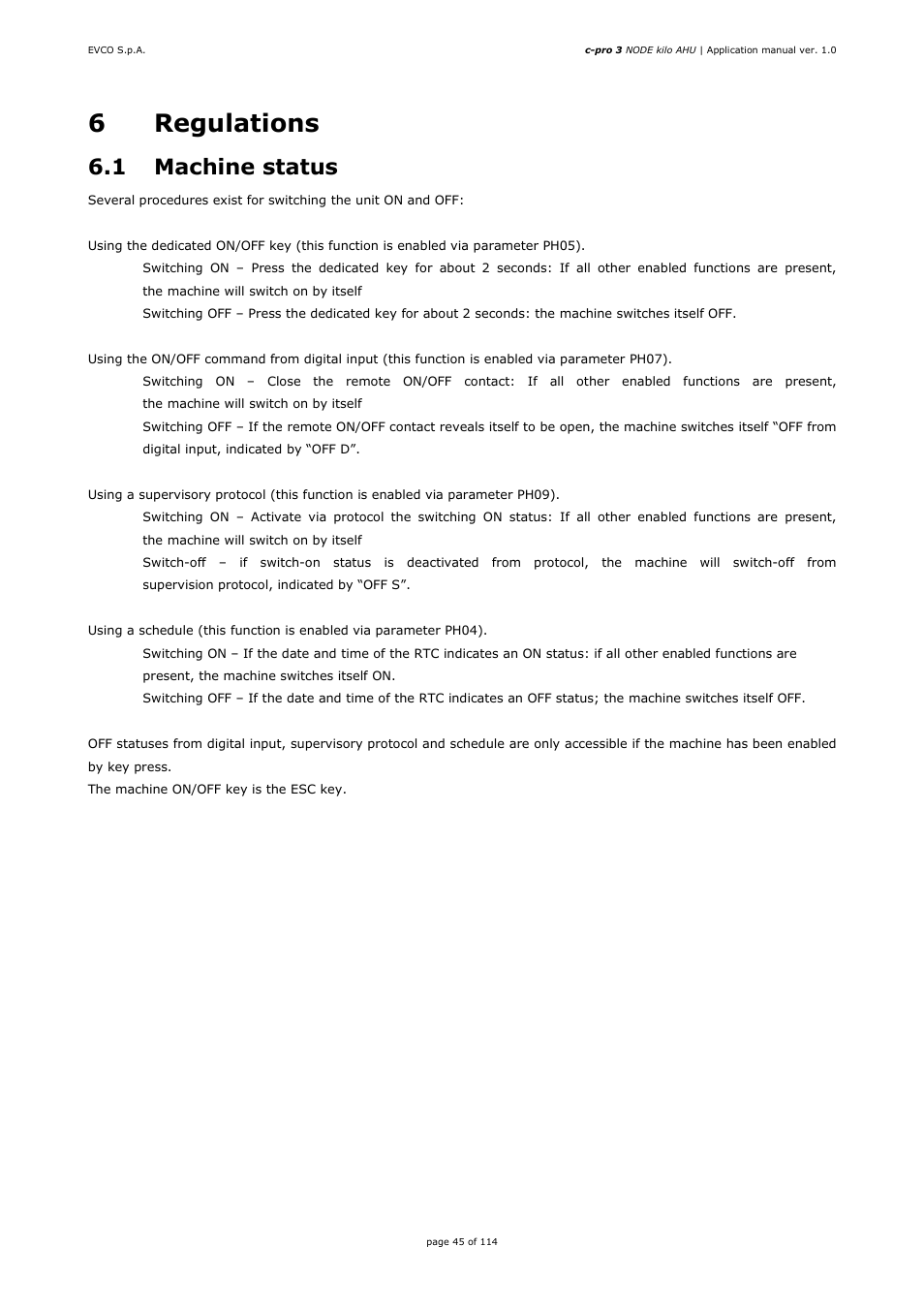 6regulations, 1 machine status | EVCO EPK4BHQ1AH Installer manual User Manual | Page 45 / 114