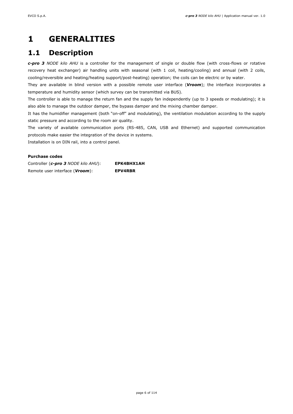 1generalities, 1 description | EVCO EPK4BHQ1AH Installer manual User Manual | Page 6 / 114