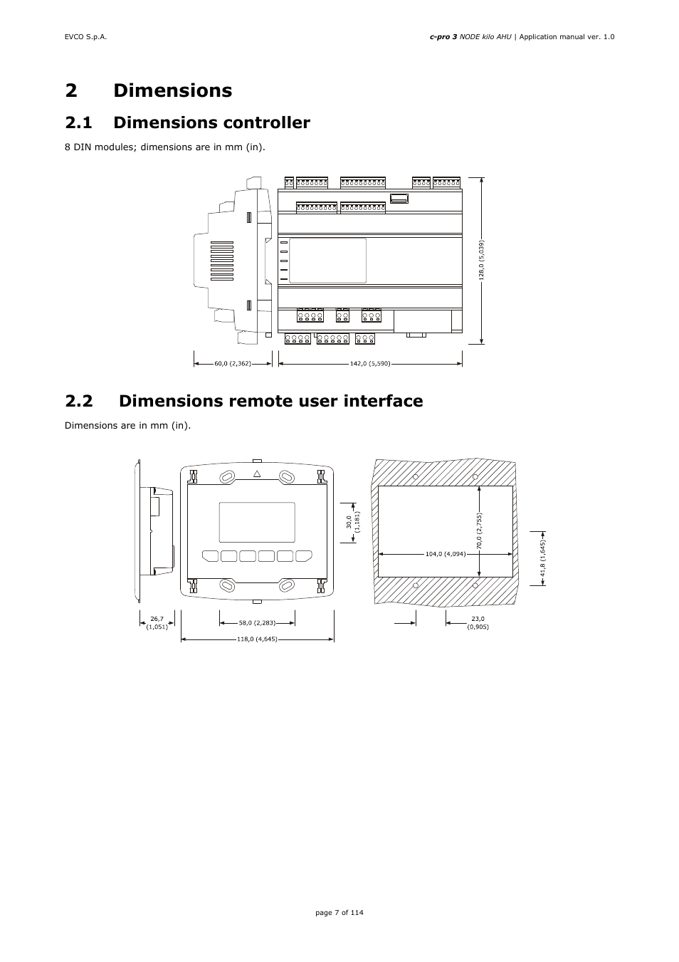 2dimensions, 1 dimensions controller, 2 dimensions remote user interface | EVCO EPK4BHQ1AH Installer manual User Manual | Page 7 / 114