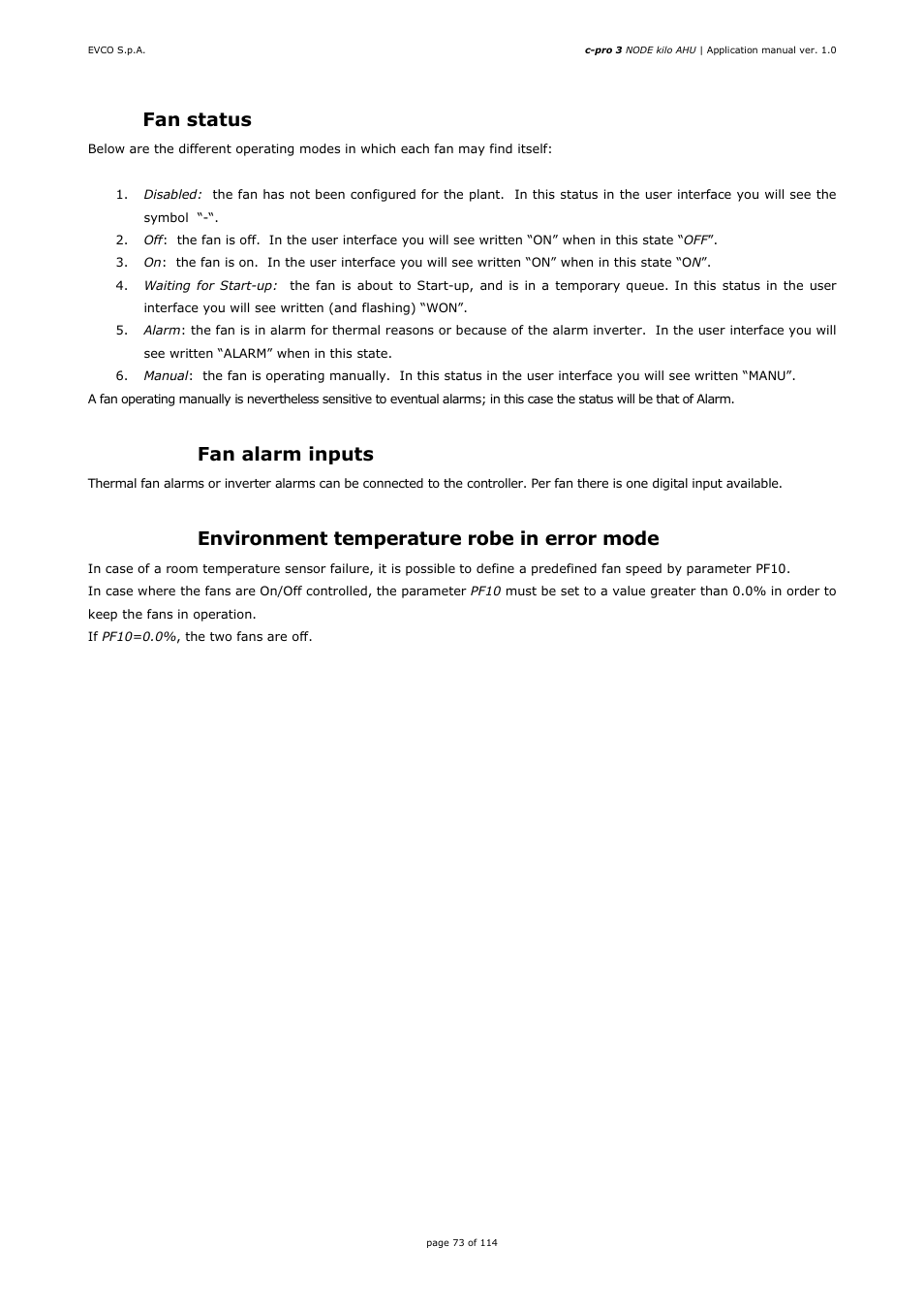 9 fan status, 10 fan alarm inputs, 11 environment temperature robe in error mode | EVCO EPK4BHQ1AH Installer manual User Manual | Page 73 / 114