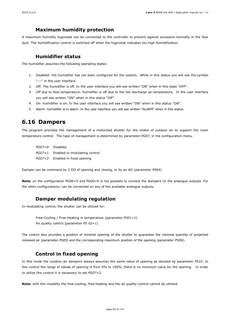 16 dampers, 5 maximum humidity protection, 6 humidifier status | 1 damper modulating regulation, 2 control in fixed opening | EVCO EPK4BHQ1AH Installer manual User Manual | Page 84 / 114