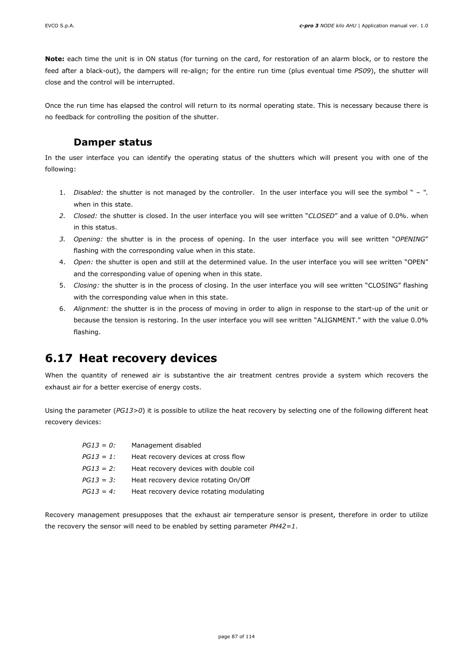 17 heat recovery devices, 7 damper status | EVCO EPK4BHQ1AH Installer manual User Manual | Page 87 / 114