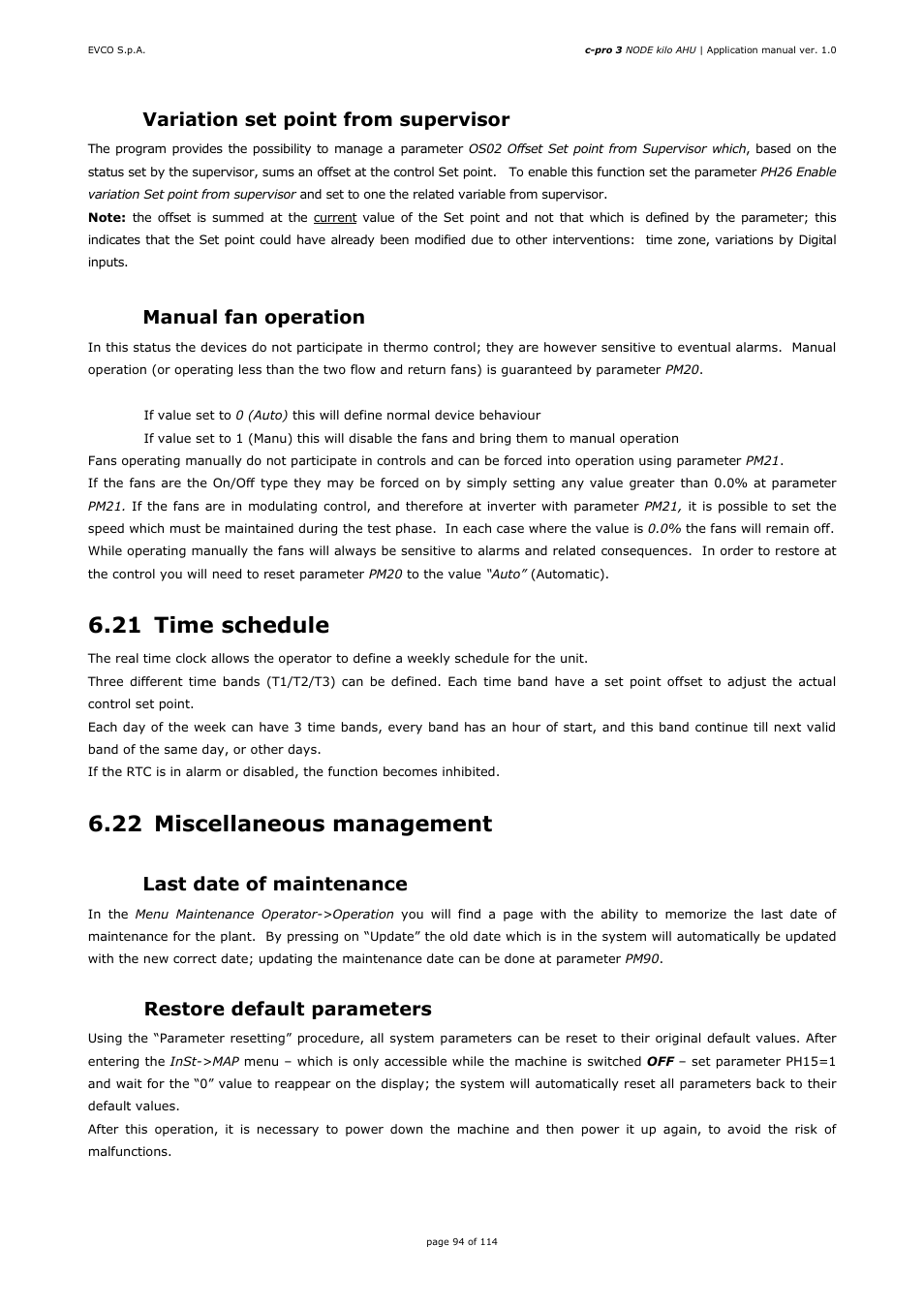 21 time schedule, 22 miscellaneous management, 3 variation set point from supervisor | 4 manual fan operation, 1 last date of maintenance, 2 restore default parameters | EVCO EPK4BHQ1AH Installer manual User Manual | Page 94 / 114