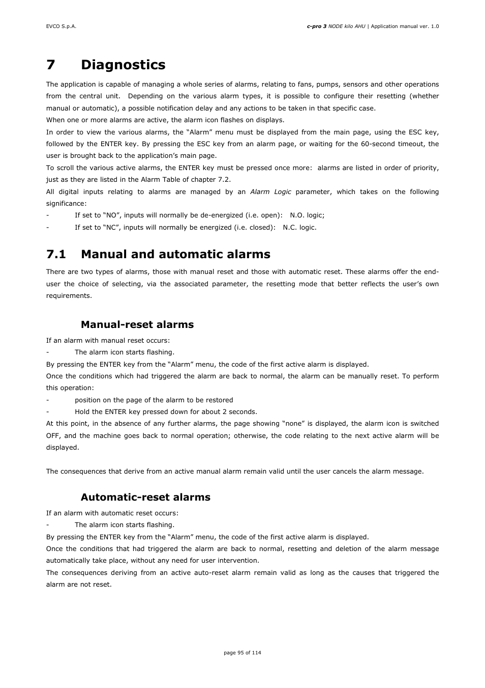 7diagnostics, 1 manual and automatic alarms, 1 manual-reset alarms | 2 automatic-reset alarms | EVCO EPK4BHQ1AH Installer manual User Manual | Page 95 / 114