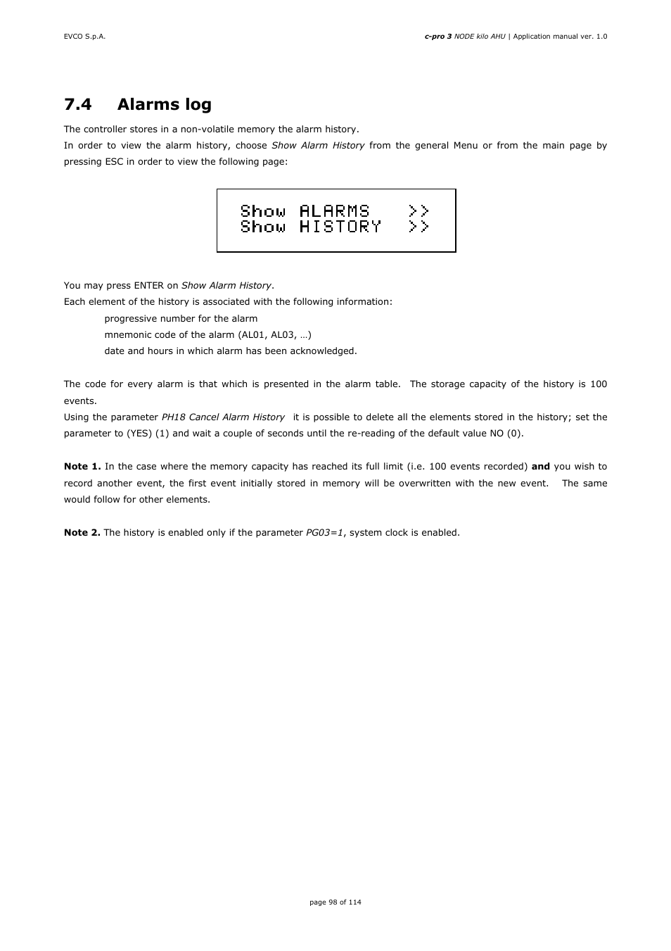 4 alarms log | EVCO EPK4BHQ1AH Installer manual User Manual | Page 98 / 114