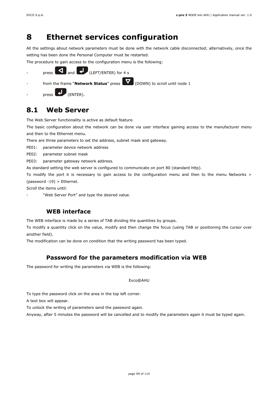 8ethernet services configuration, 1 web server, 1 web interface | 2 password for the parameters modification via web | EVCO EPK4BHQ1AH Installer manual User Manual | Page 99 / 114